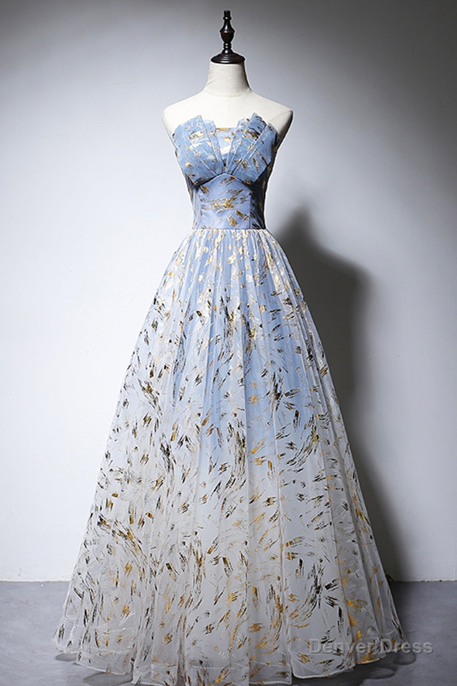 Blue Strapless Ombre Tulle Long Prom Dress, A Line Prom Dresses