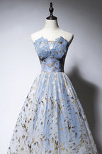 Blue Strapless Ombre Tulle Long Prom Dress, A Line Prom Dresses
