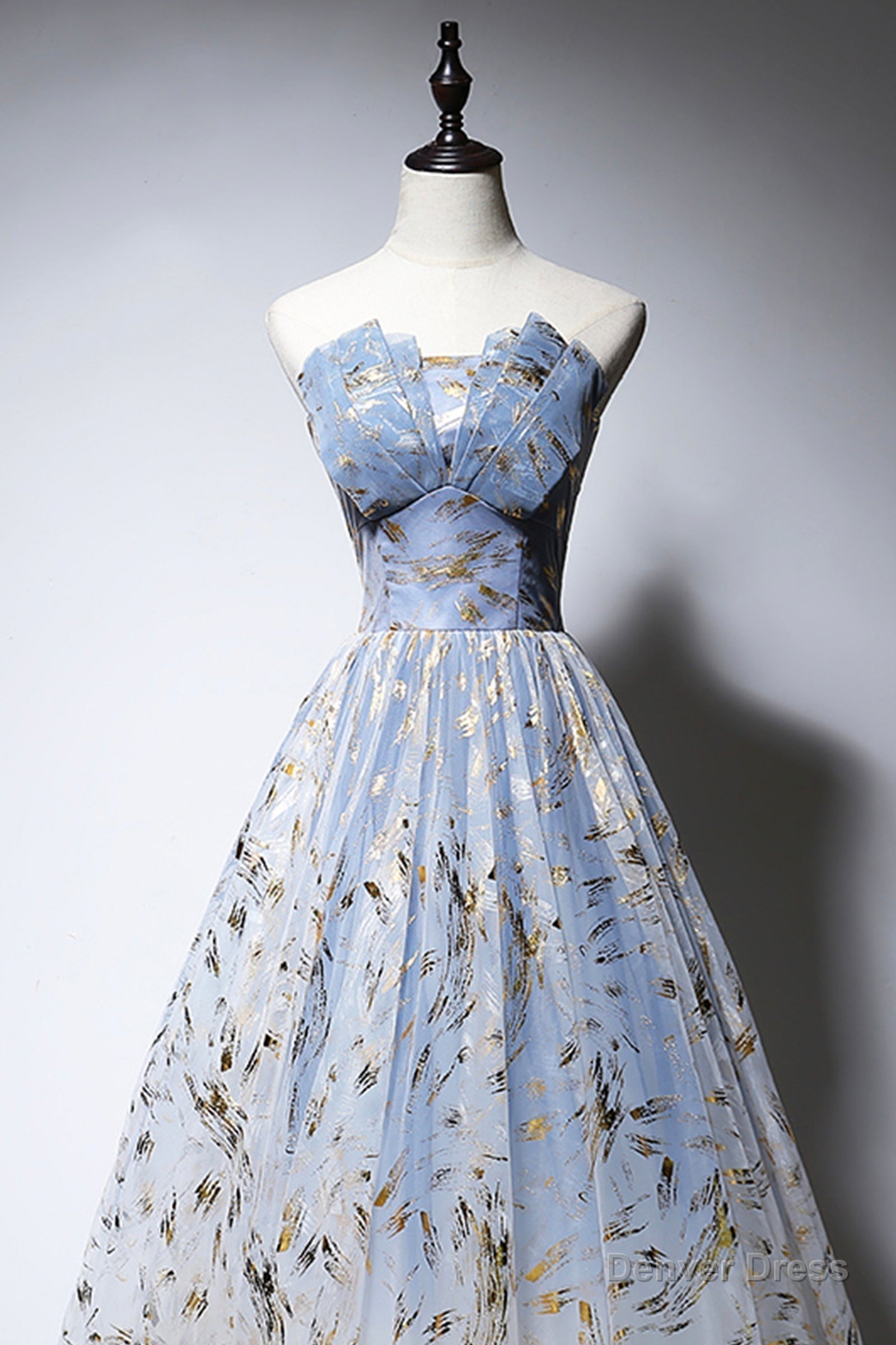 Blue Strapless Ombre Tulle Long Prom Dress, A Line Prom Dresses