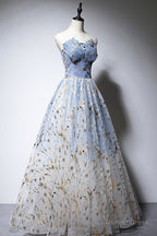 Blue Strapless Ombre Tulle Long Prom Dress, A Line Prom Dresses