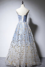 Blue Strapless Ombre Tulle Long Prom Dress, A Line Prom Dresses