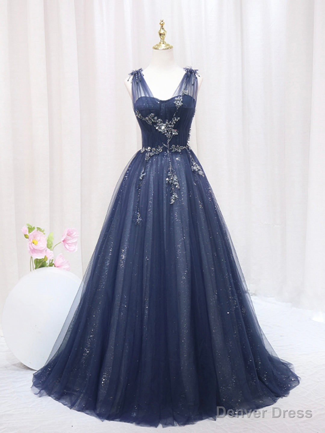 Blue Tulle Beaded Long Prom Dress, Blue Evening Party Dress Main image