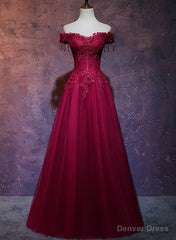 Beautiful Wine Red Tulle Sweetheart Long Prom Dress, A-line Party Dress