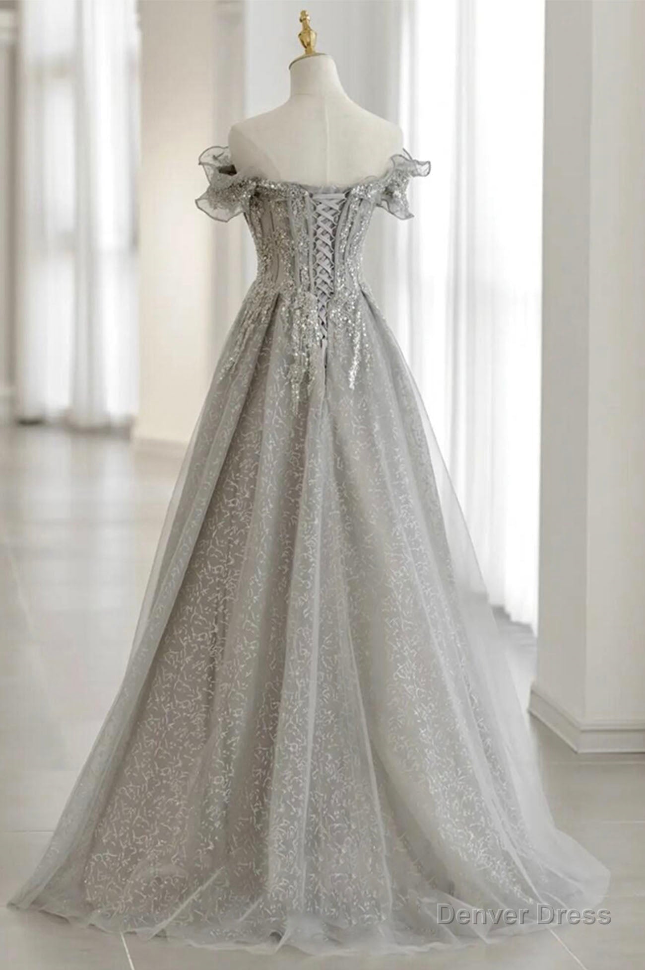 Grey Tulle Sequins Long A-Line Prom Dresses, Off the Shoulder Evening Dresses