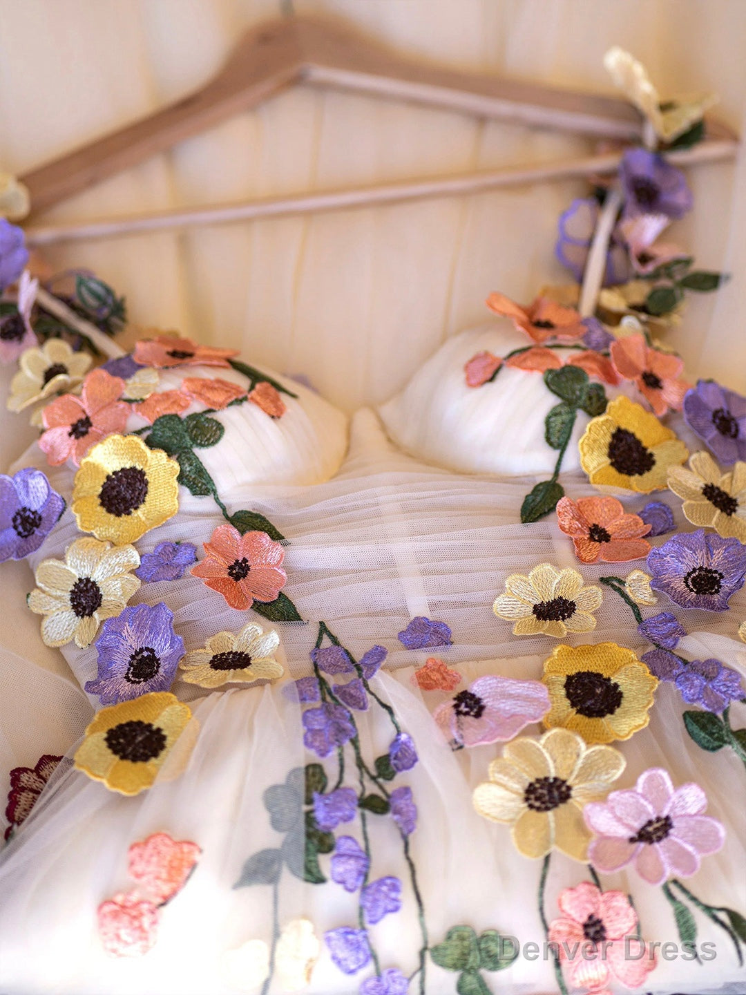 Champagne Corset Floral Tulle Party Dress, Cute A-Line Homecoming Dress Secondary image