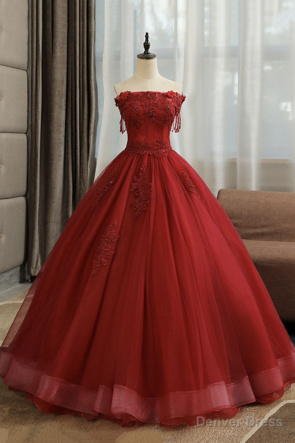 Burgundy Lace Long Formal Evening Dress, A-Line Lace Ball Gown Main image