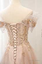Pink Tulle Sequins Long Prom Dresses, A-Line Off the Shoulder Evening Dresses