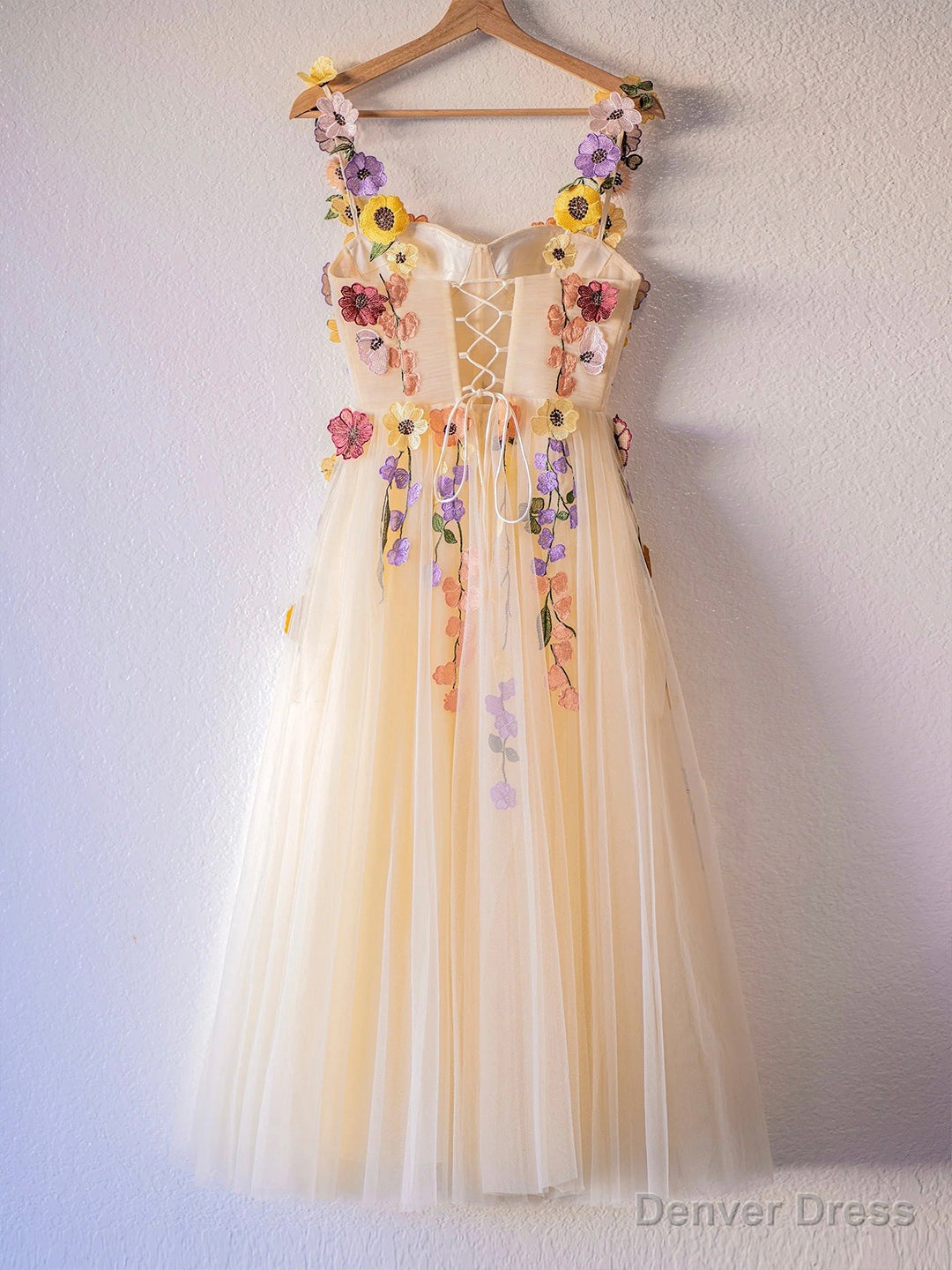 Champagne Corset Floral Tulle Party Dress, Cute A-Line Homecoming Dress