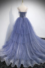 Blue Layers Tulle Long Prom Dress, A Line Spaghetti Straps Prom Dresses
