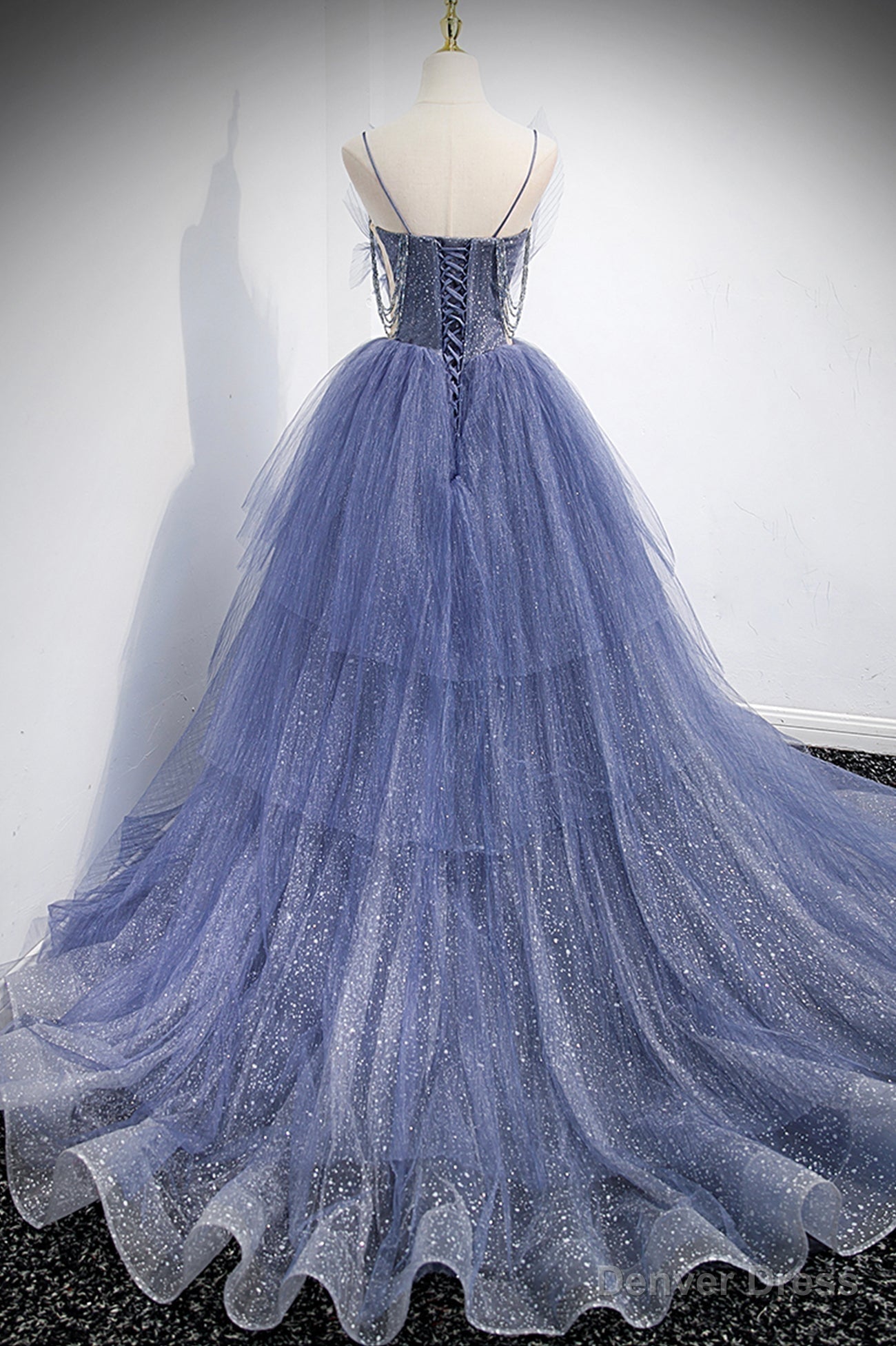 Blue Layers Tulle Long Prom Dress, A Line Spaghetti Straps Prom Dresses