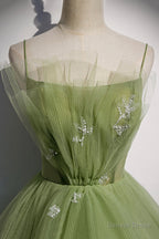 Green Tulle Long A Line Prom Dress, Green Spaghetti Straps Prom Dresses