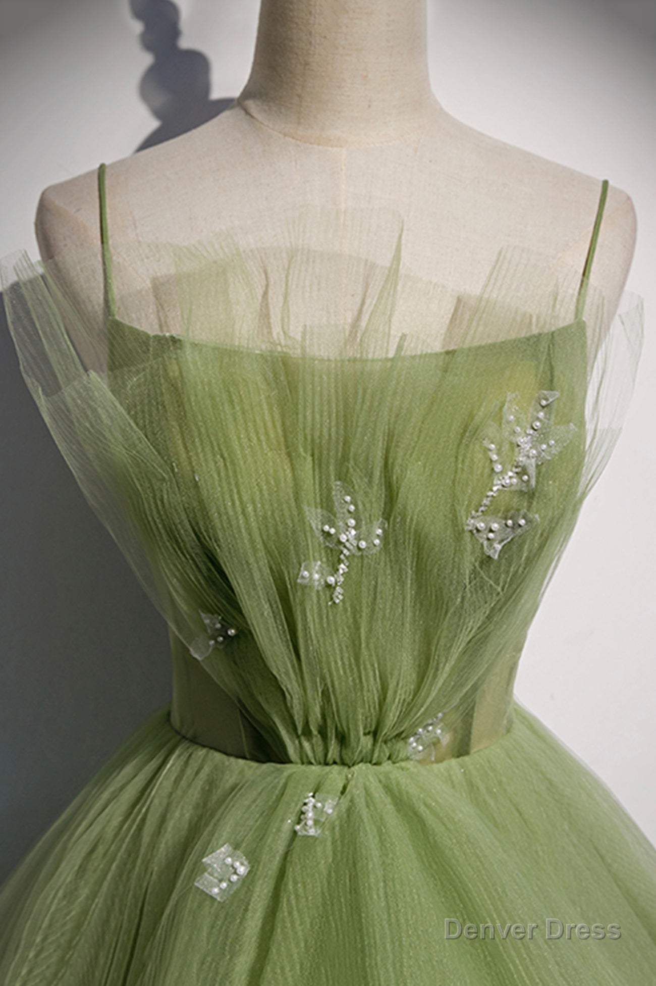 Green Tulle Long A Line Prom Dress, Green Spaghetti Straps Prom Dresses