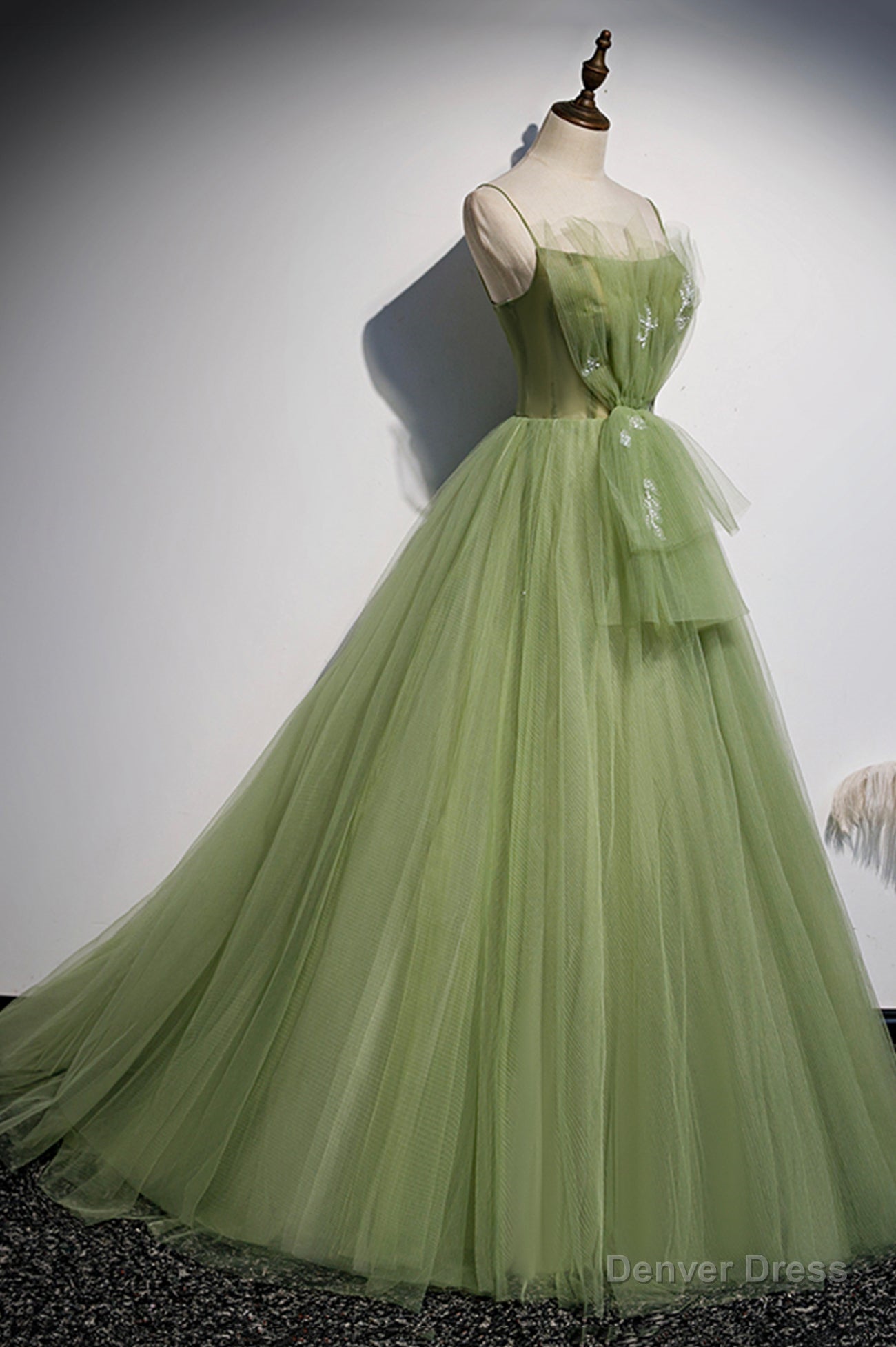 Green Tulle Long A-Line Prom Dresses, Green Spaghetti Straps Evening Dresses Secondary image