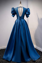 Blue V Neck Satin Long Prom Dress, A Line Blue Prom Dresses