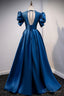 Blue V Neck Satin Long Prom Dress, A Line Blue Prom Dresses