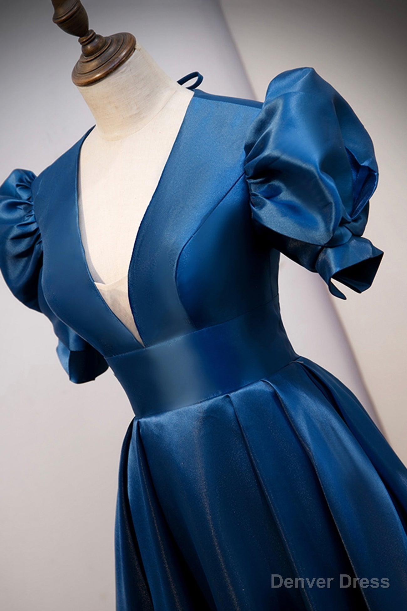 Blue V Neck Satin Long Prom Dress, A Line Blue Prom Dresses