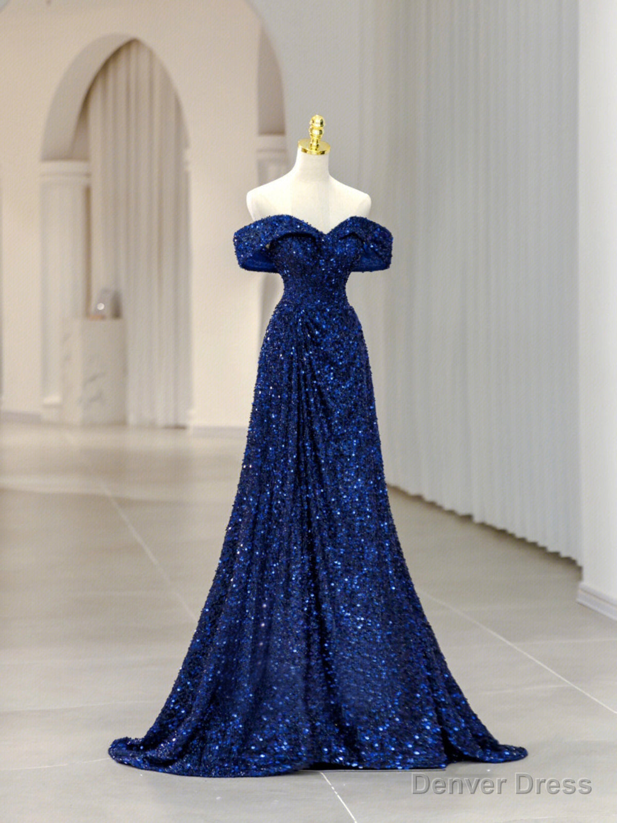 Blue Sequins Long Prom Dress, Off the Shoulder Blue Prom Dresses
