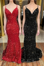 Mermaid Sequins Long Prom Dresses, Spaghetti Strap Backless Evening Party Dresses