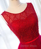 A Line Round Neck Tulle Long Prom Dresses, Lace Evening Dresses