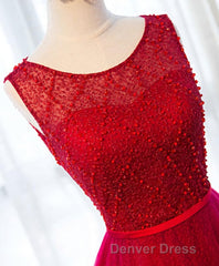 A Line Round Neck Tulle Long Prom Dresses, Lace Evening Dresses