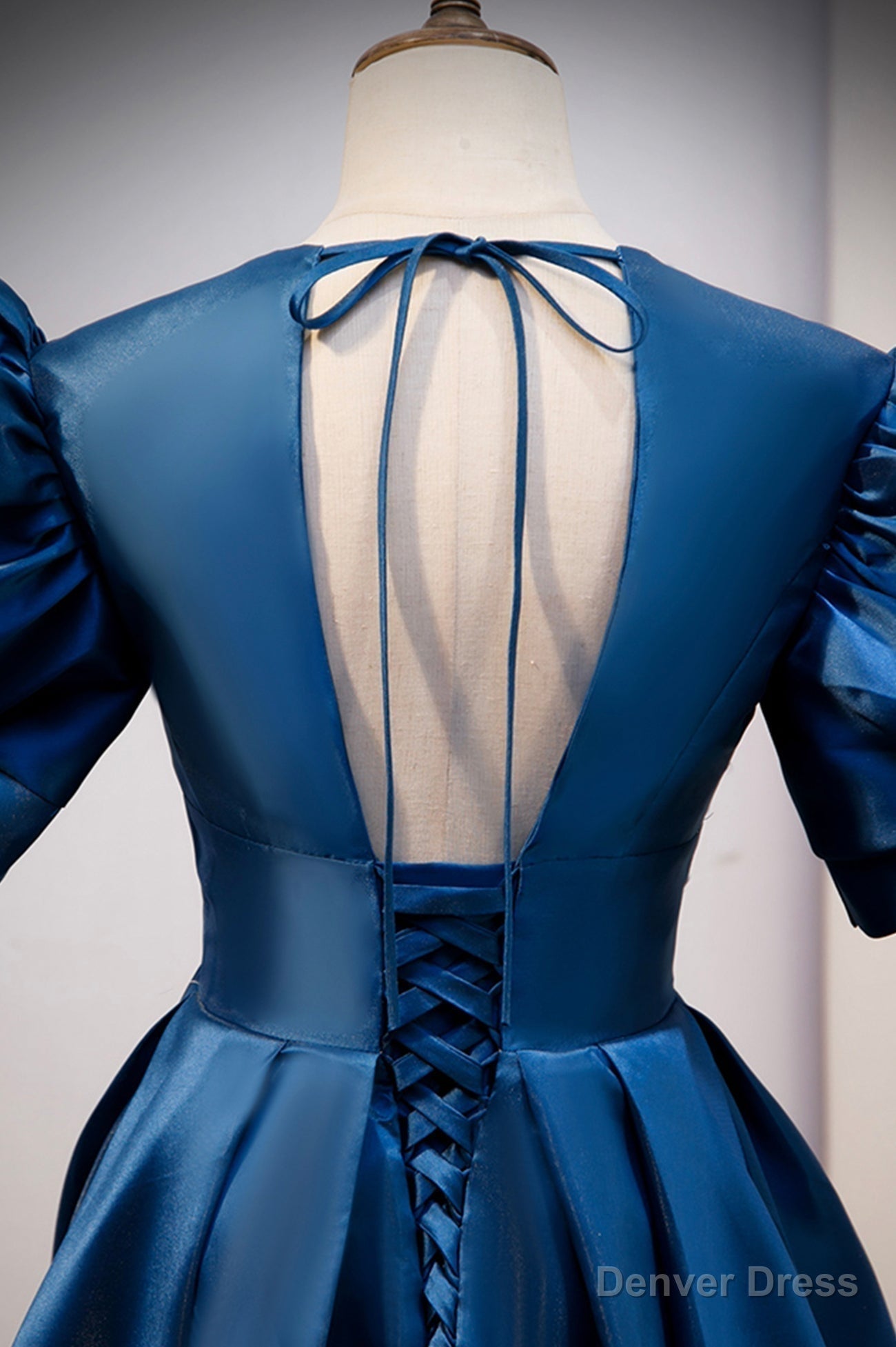 Blue V Neck Satin Long Prom Dress, A Line Blue Prom Dresses