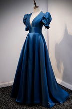 Blue V Neck Satin Long Prom Dress, A Line Blue Prom Dresses