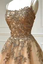 A Line Spaghetti Straps Lace Long Prom Dress, Lace Prom Dresses