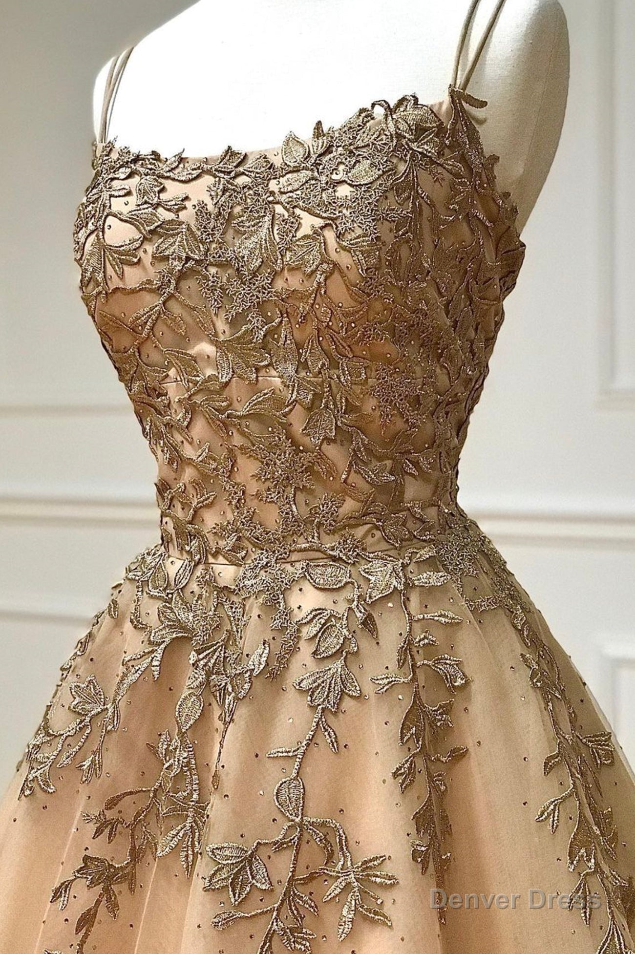 A Line Spaghetti Straps Lace Long Prom Dress, Lace Prom Dresses