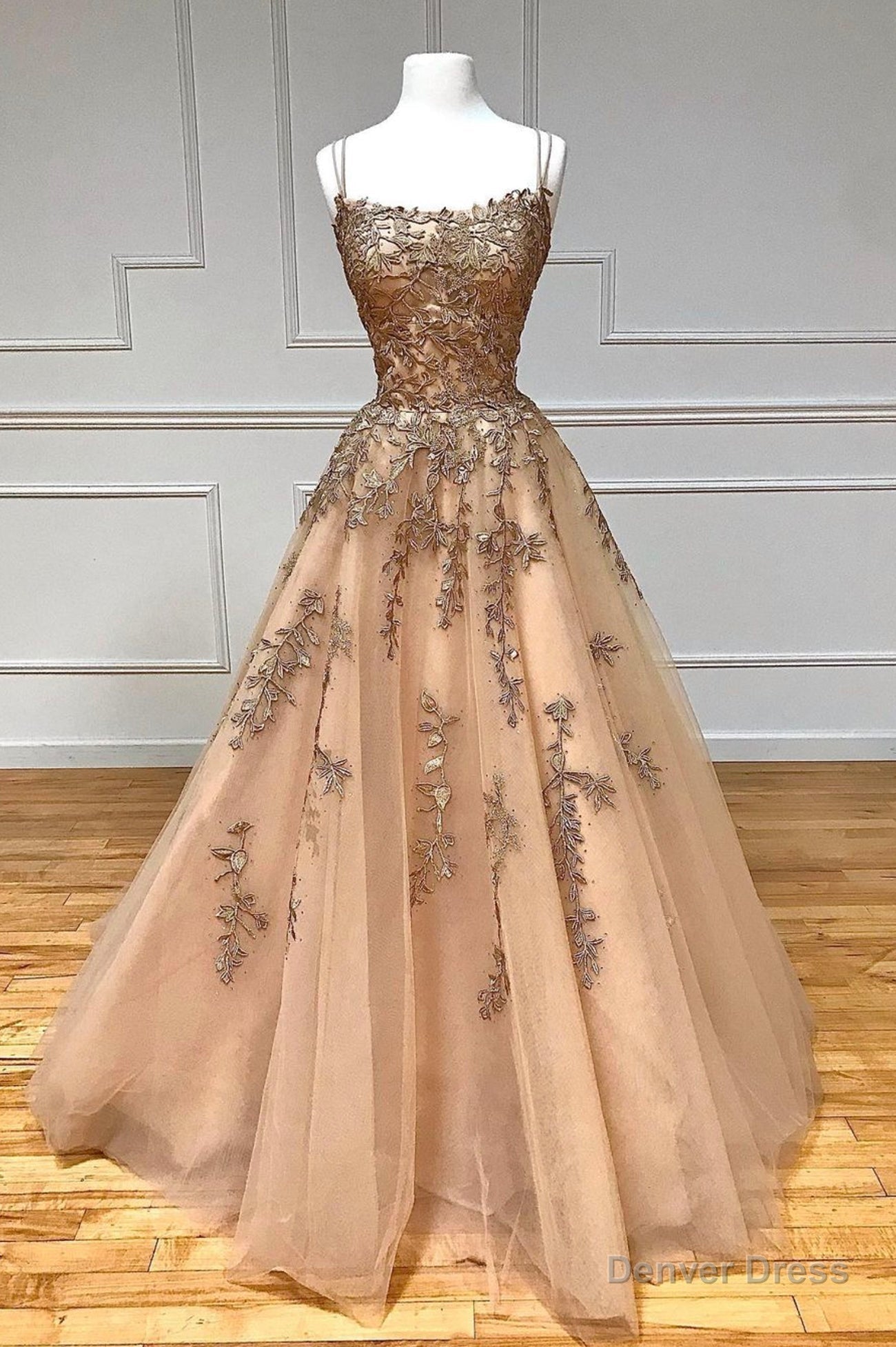 A Line Spaghetti Straps Lace Long Prom Dress, Lace Prom Dresses
