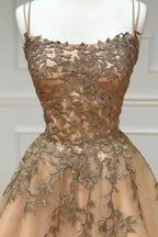 A Line Spaghetti Straps Lace Long Prom Dress, Lace Prom Dresses