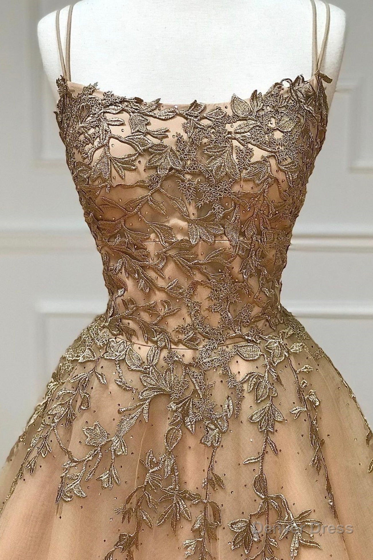 A Line Spaghetti Straps Lace Long Prom Dress, Lace Prom Dresses