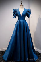 Blue V Neck Satin Long Prom Dress, A Line Blue Prom Dresses