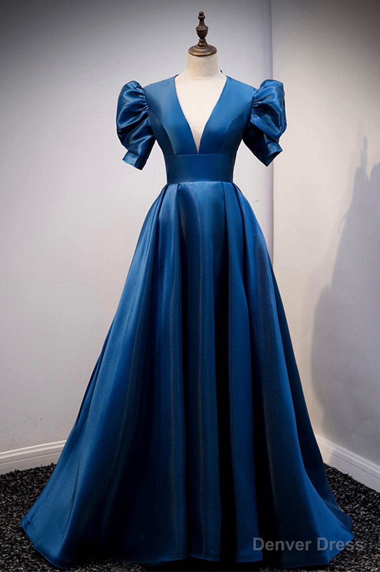 Blue V-Neck Satin Long Prom Dresses, A-Line Blue Evening Dresses Main image