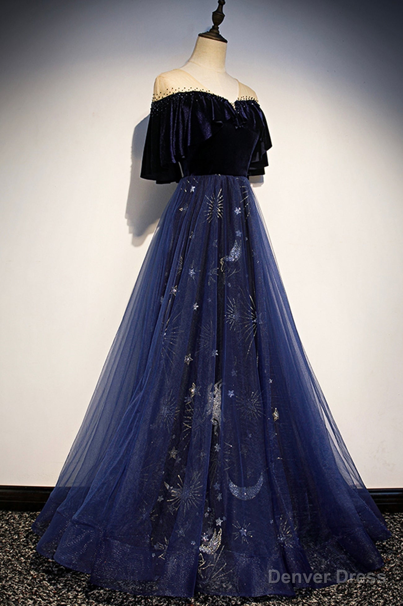 Blue Velvet Tulle Long Prom Dresses, Blue Formal Evening Dresses Main image