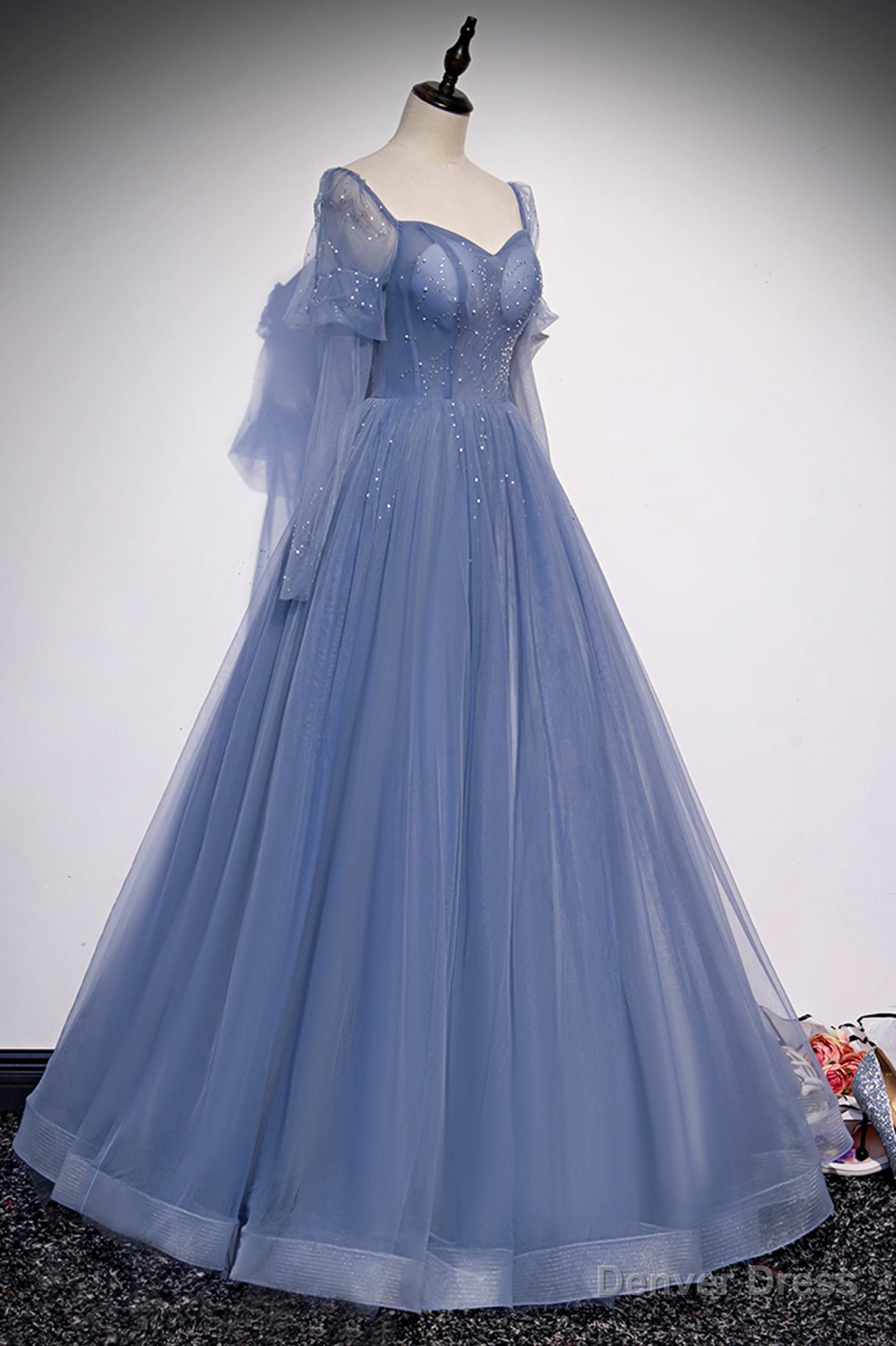 Blue Tulle Beading Long Prom Dresses, A-Line Formal Evening Dresses Main image
