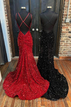 Mermaid Sequins Long Prom Dresses, Spaghetti Strap Backless Evening Party Dresses