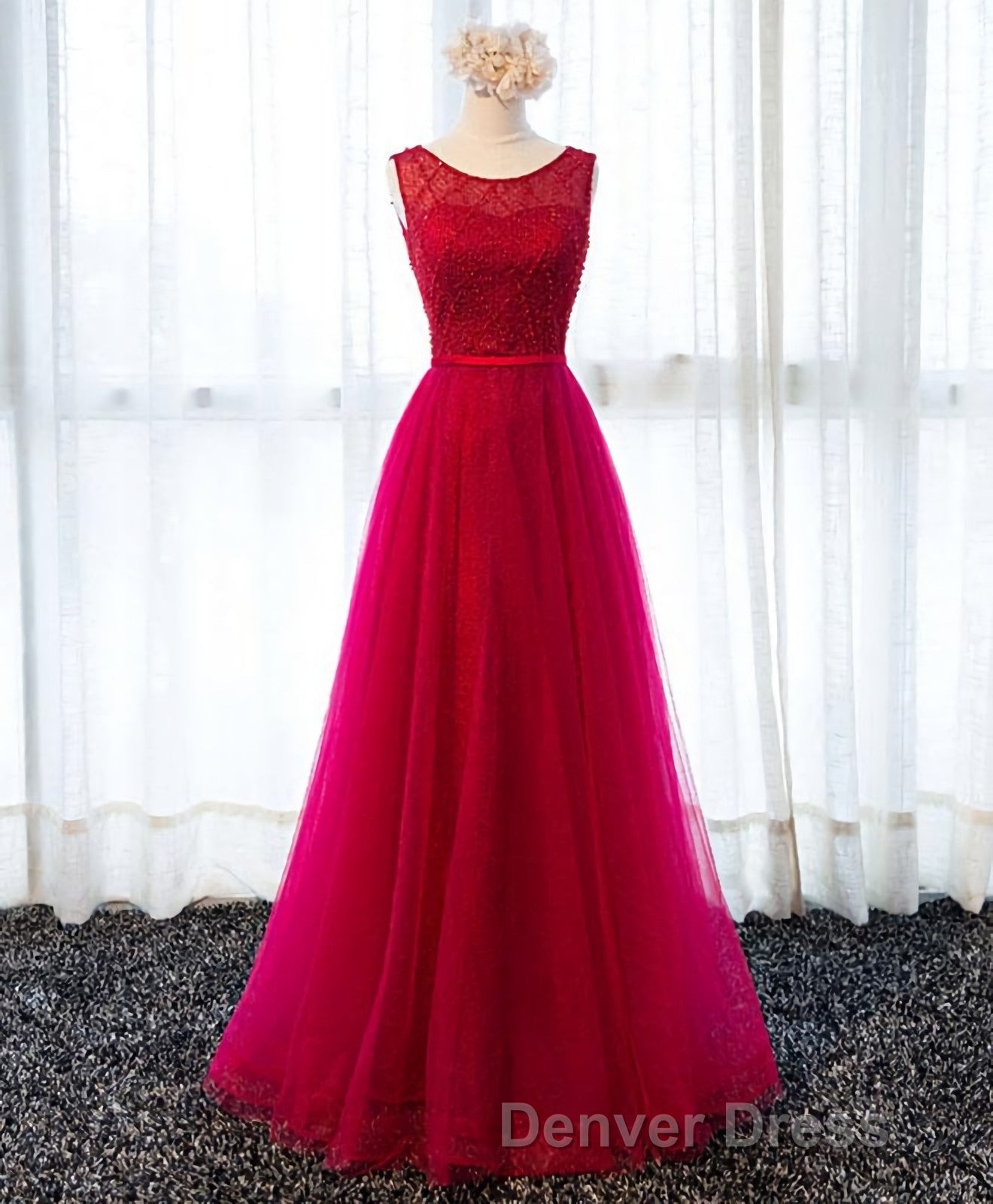 A Line Round Neck Tulle Long Prom Dress, Lace Prom Dresses