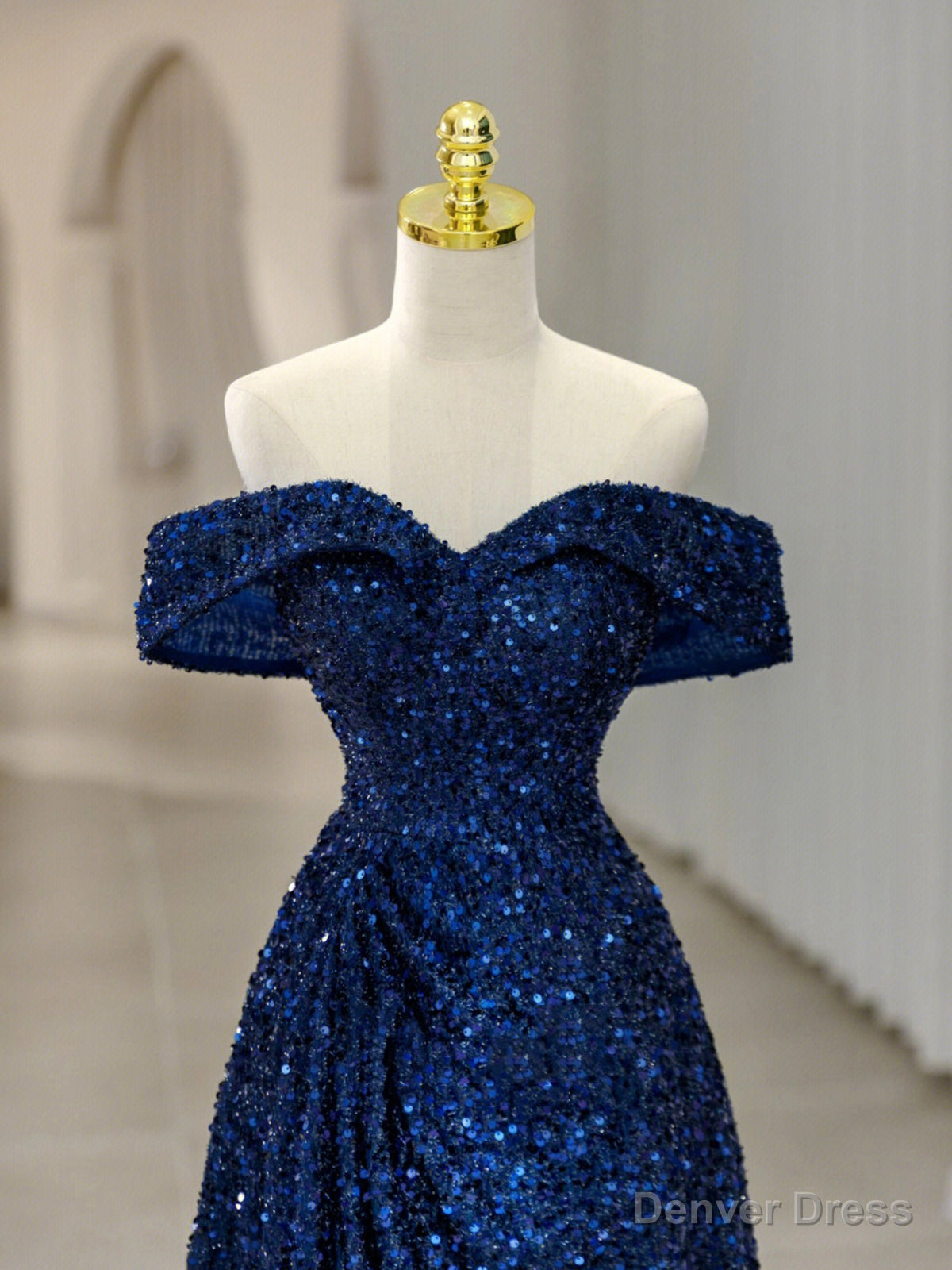 Blue Sequins Long Prom Dress, Off the Shoulder Blue Prom Dresses