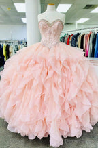 Pink Lace Beaded Long A Line Ball Gowns, Sweet 16 Dresses