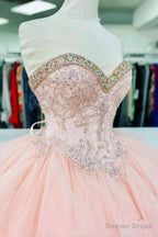 Pink Lace Beaded Long A Line Ball Gowns, Sweet 16 Dresses