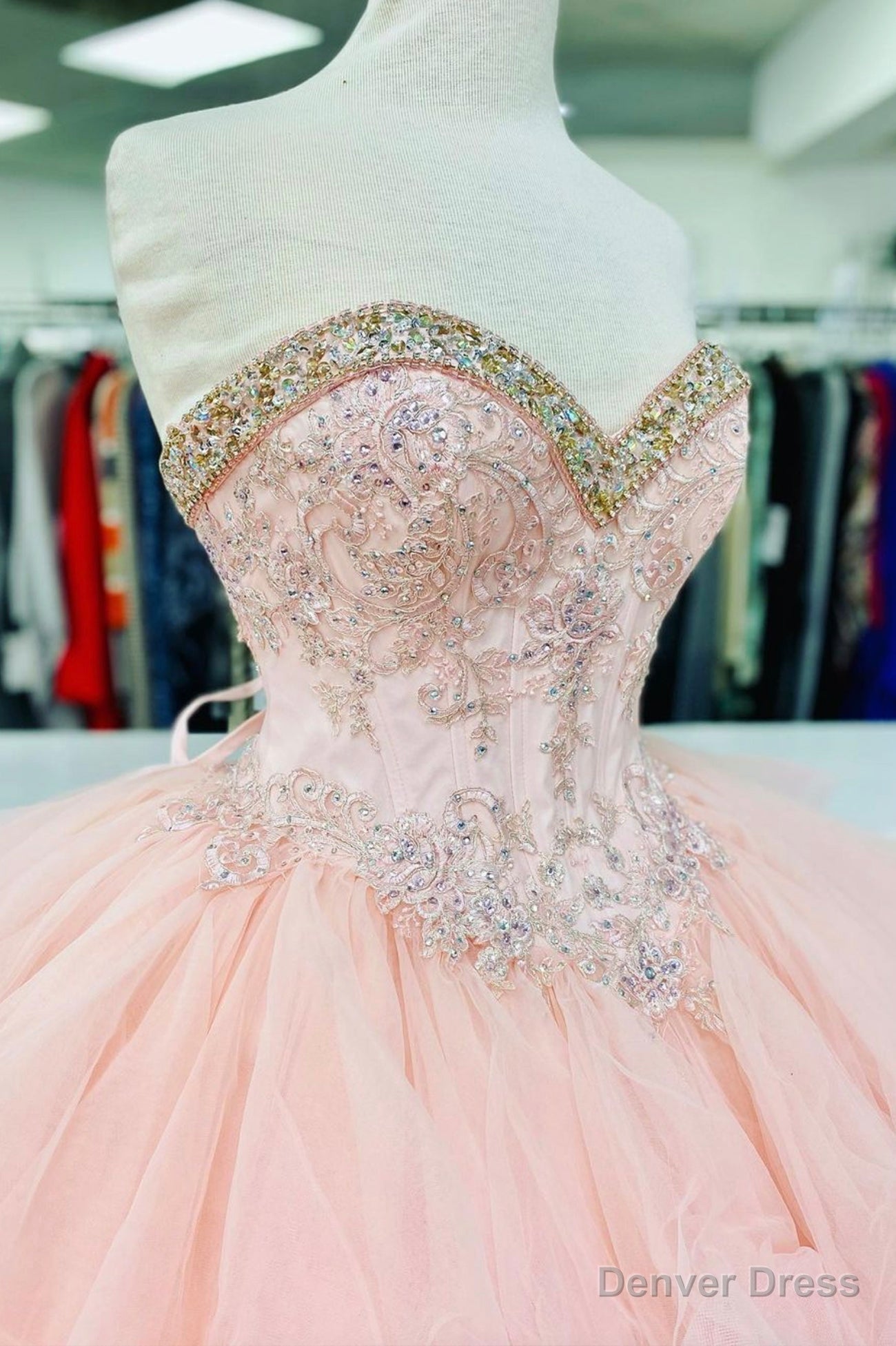 Pink Lace Beaded Long A Line Ball Gowns, Sweet 16 Dresses