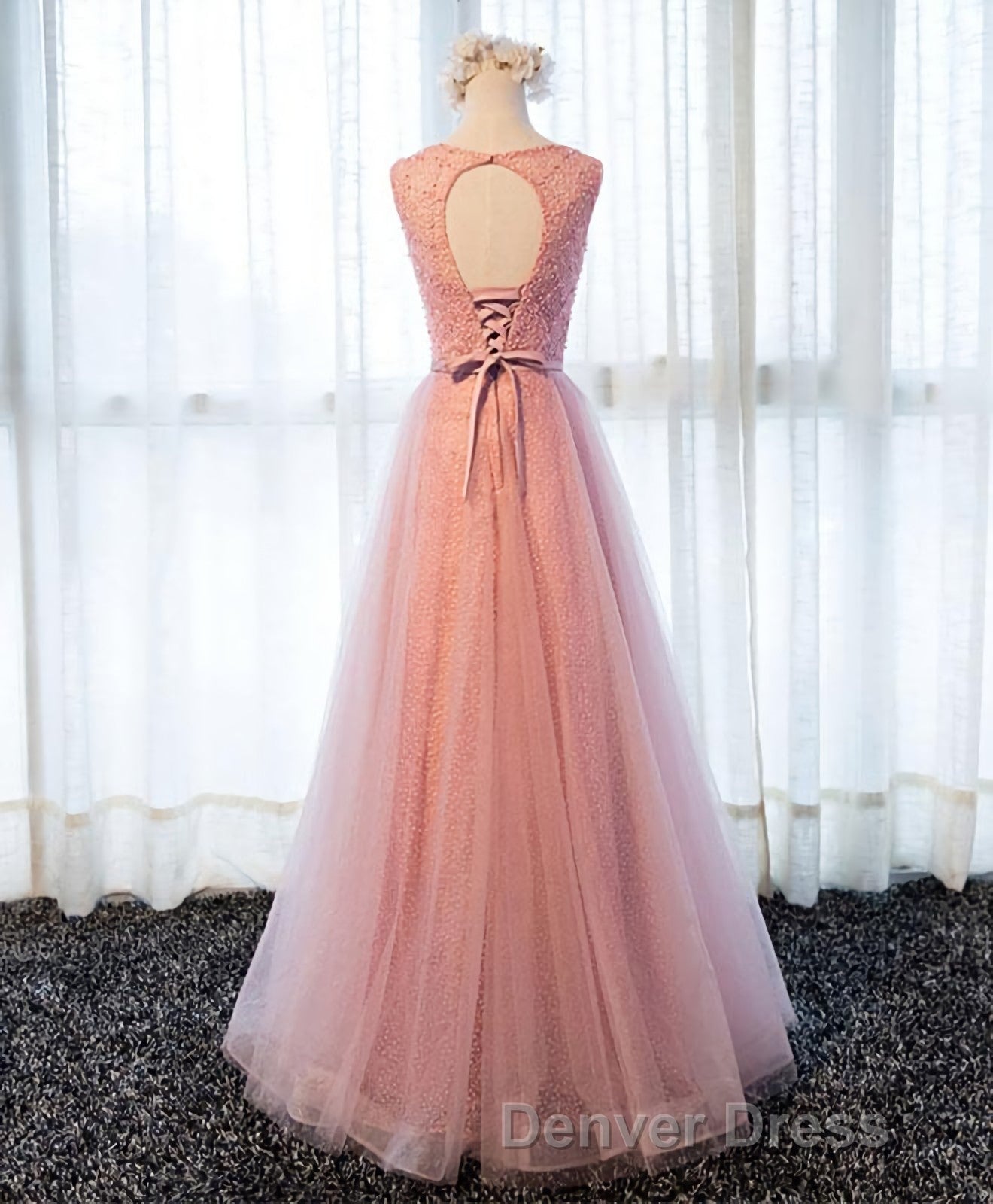 A Line Round Neck Tulle Long Prom Dresses, Lace Evening Dresses