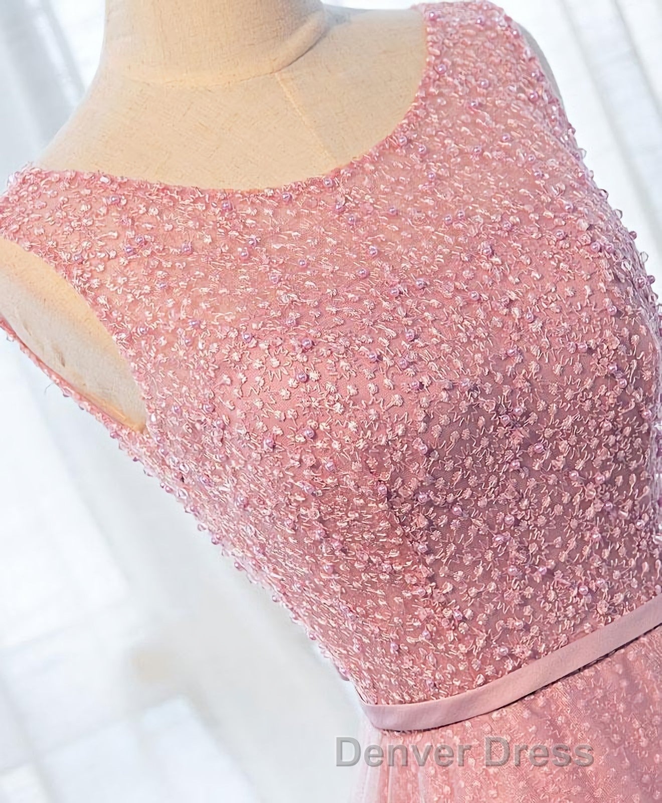 A Line Round Neck Tulle Long Prom Dresses, Lace Evening Dresses