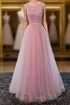 A Line Round Neck Tulle Long Prom Dresses, Lace Evening Dresses