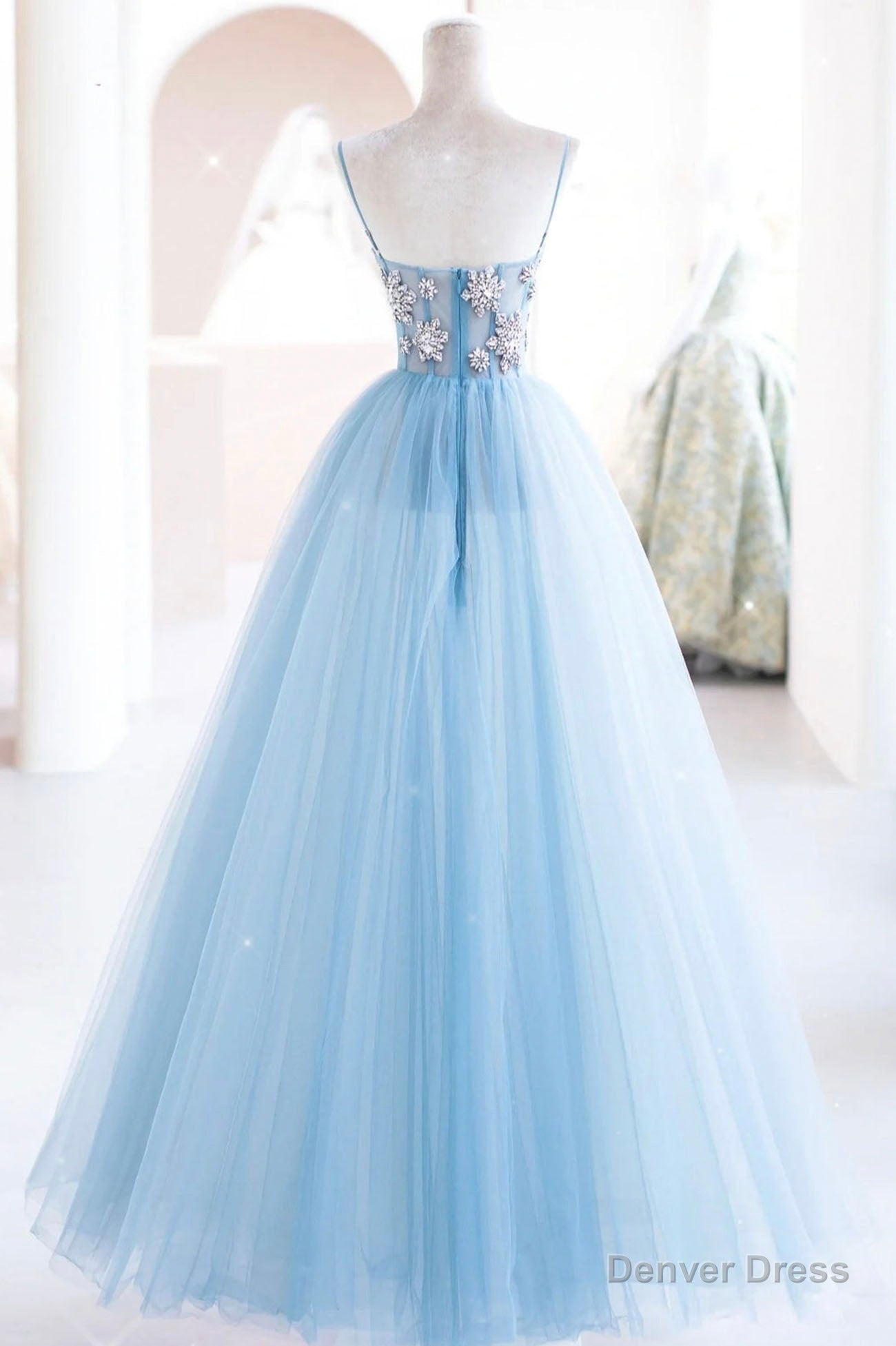 Blue Spaghetti Strap Tulle Beading Long A-Line Prom Dresses Secondary image