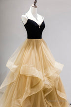 Black Straps V Neck Layers Tulle Long Prom Dress, Glam Prom Dresses