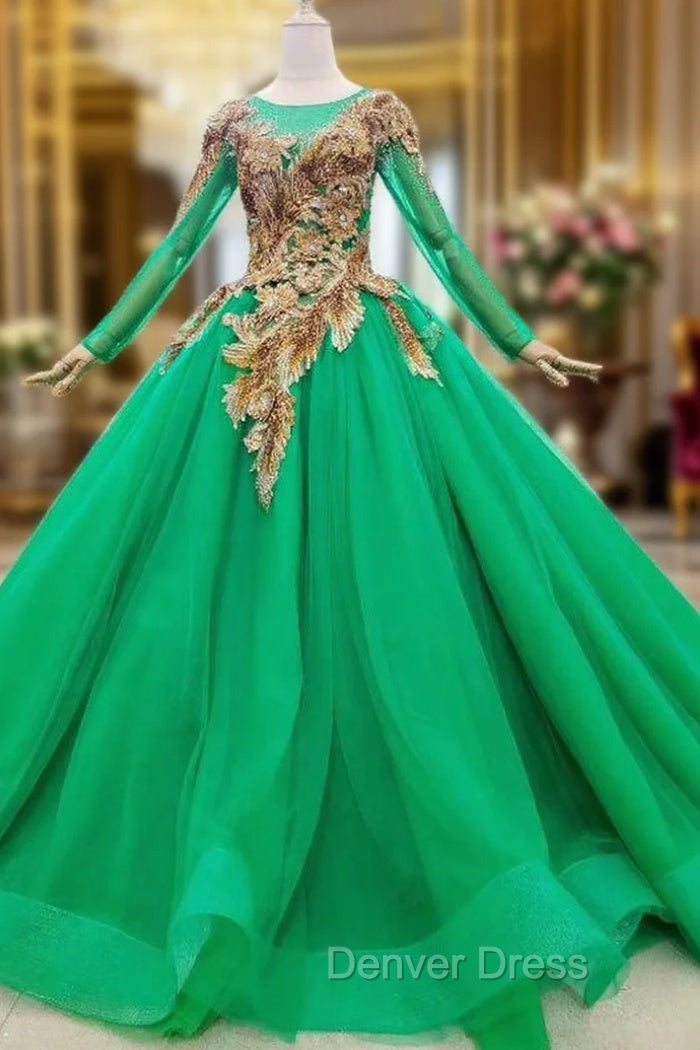 Custom Made Green Ball Gown Tulle Sequins Appliques Long Sleeve Wedding Dresses