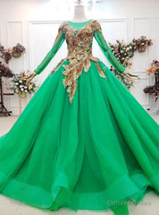 Custom Made Green Ball Gown Tulle Sequins Appliques Long Sleeve Wedding Dress