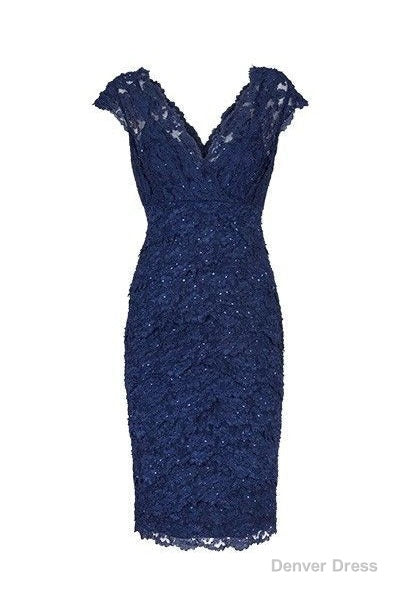 Sexy V Neck Navy Blue Lace Short Mother of the Bride Dress