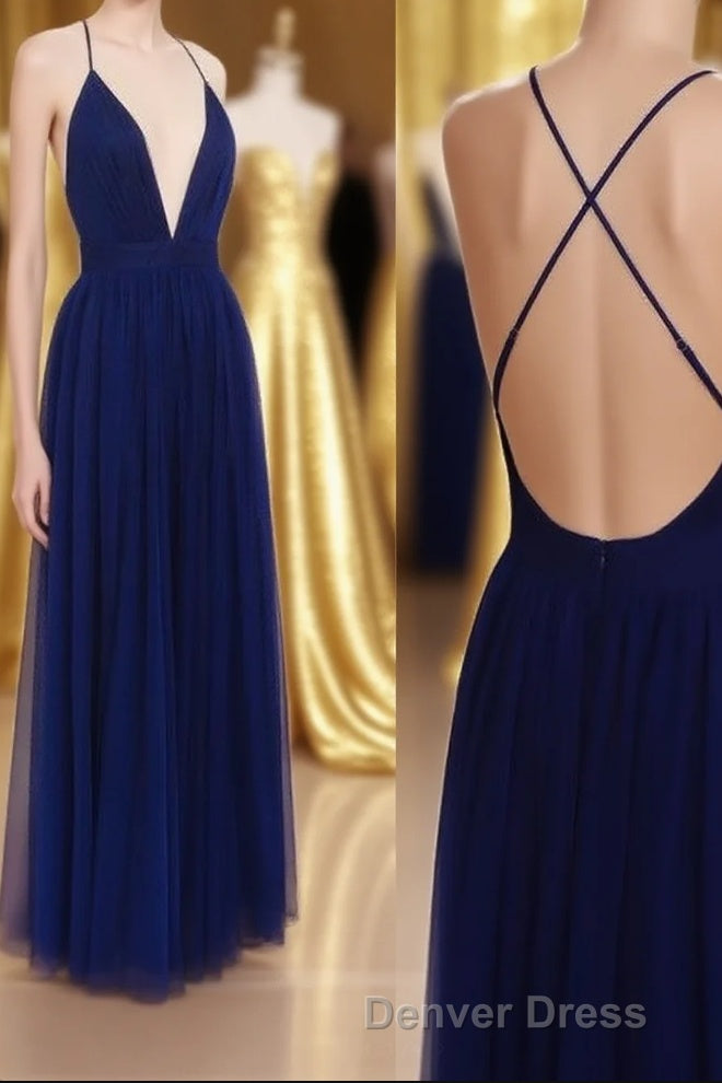 Simple A-line V Neck Navy Blue Long Prom Dresses Main image